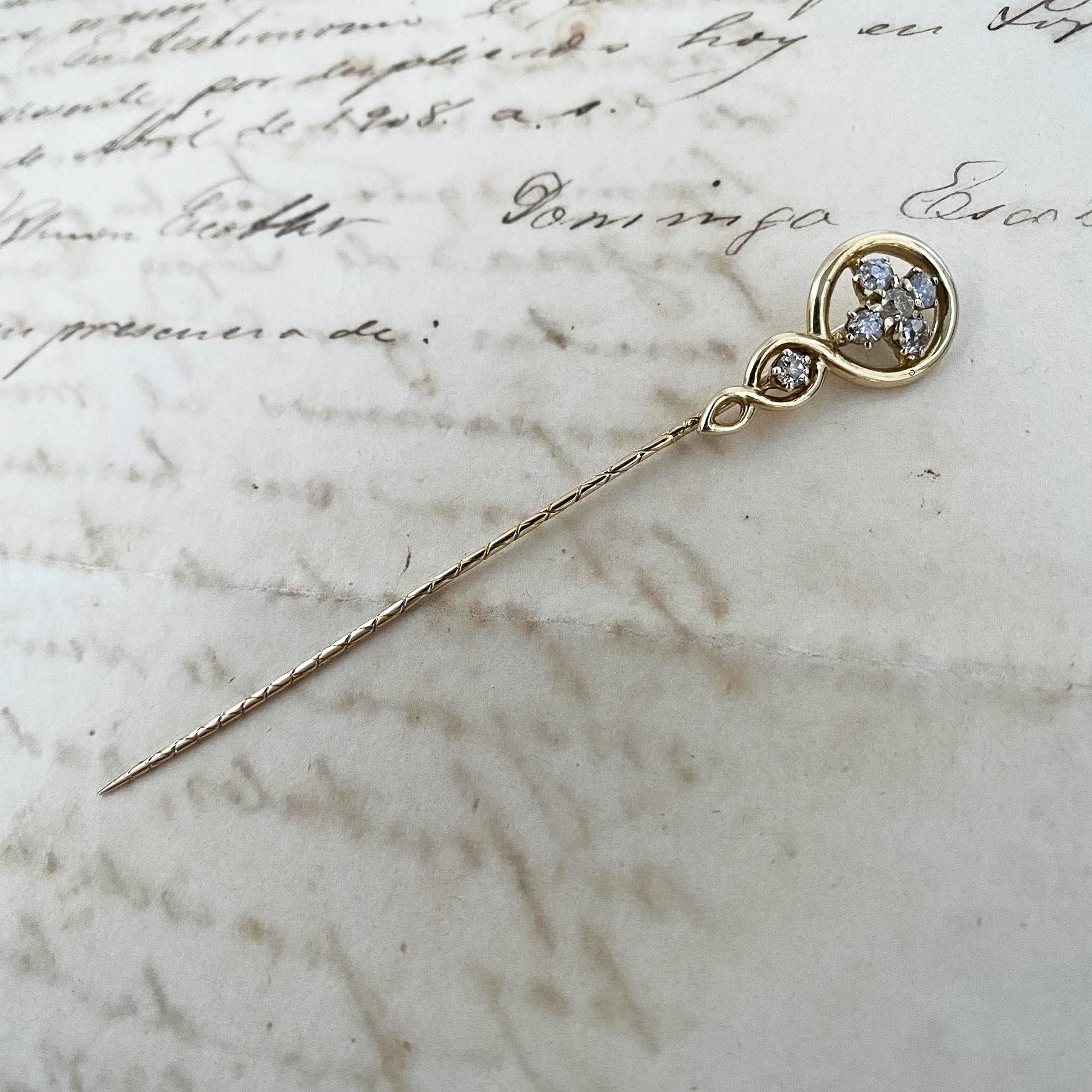 Antique 10K Gold Alfiler Pin or Brooch with Old Cut Diamonds