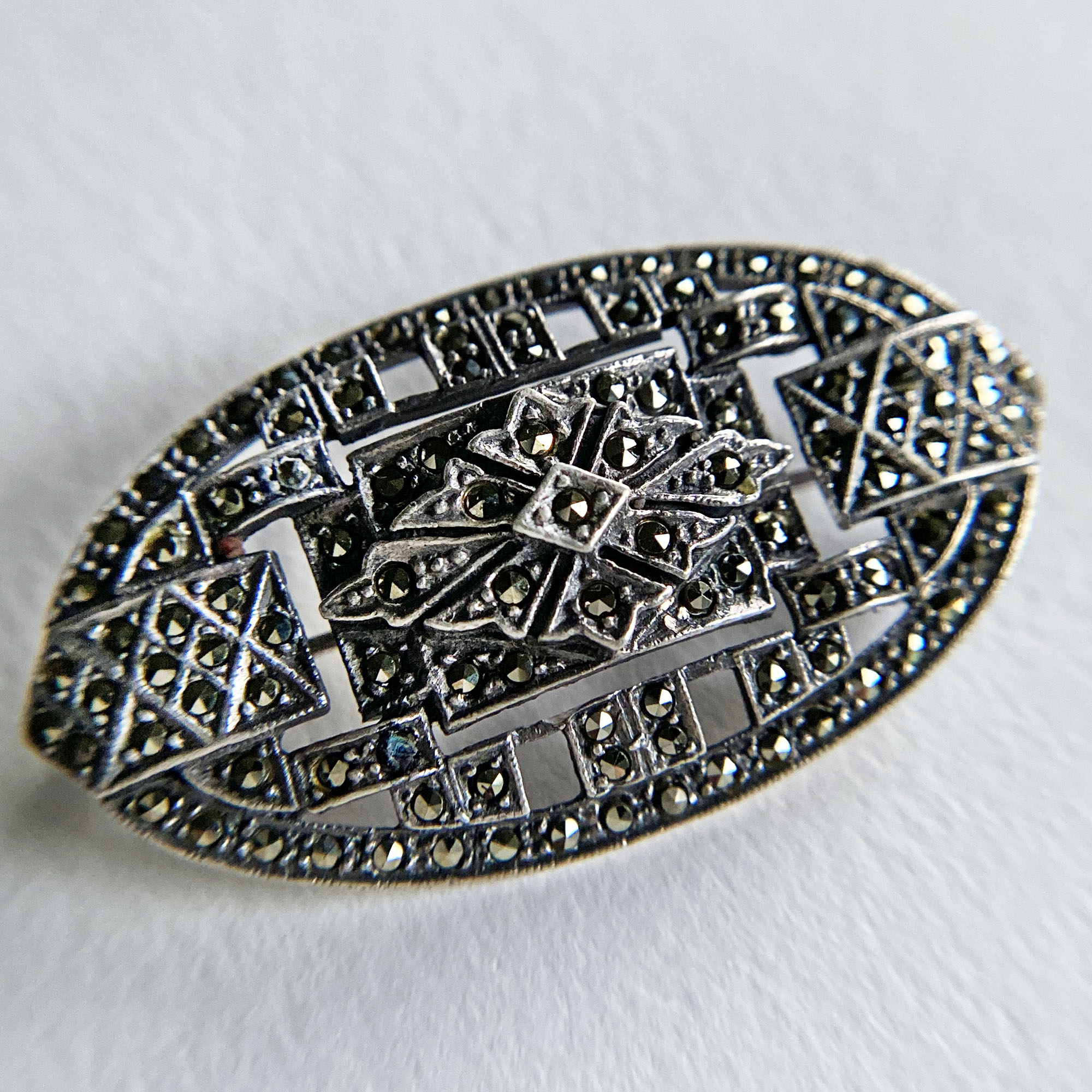 Vintage Sterling Silver Oval Marcasite Brooch