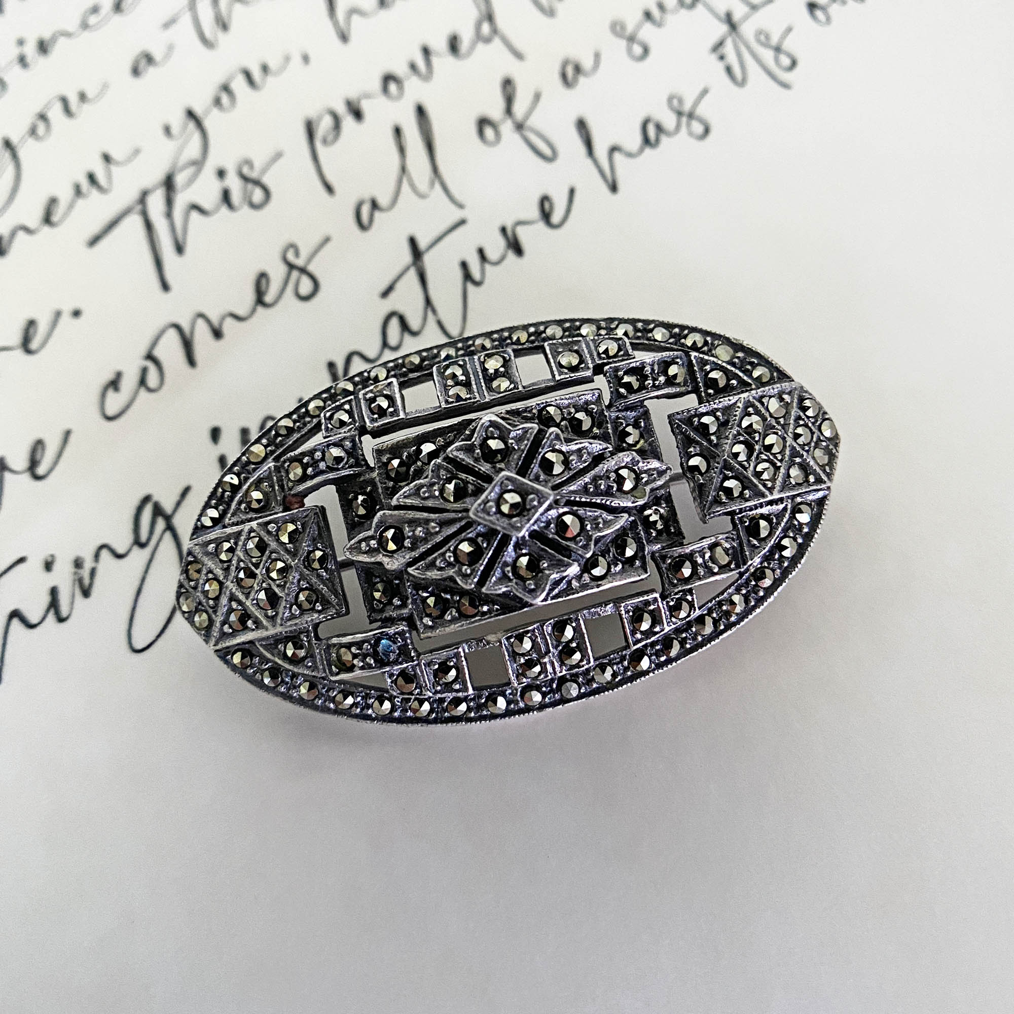 Vintage Sterling Silver Oval Marcasite Brooch