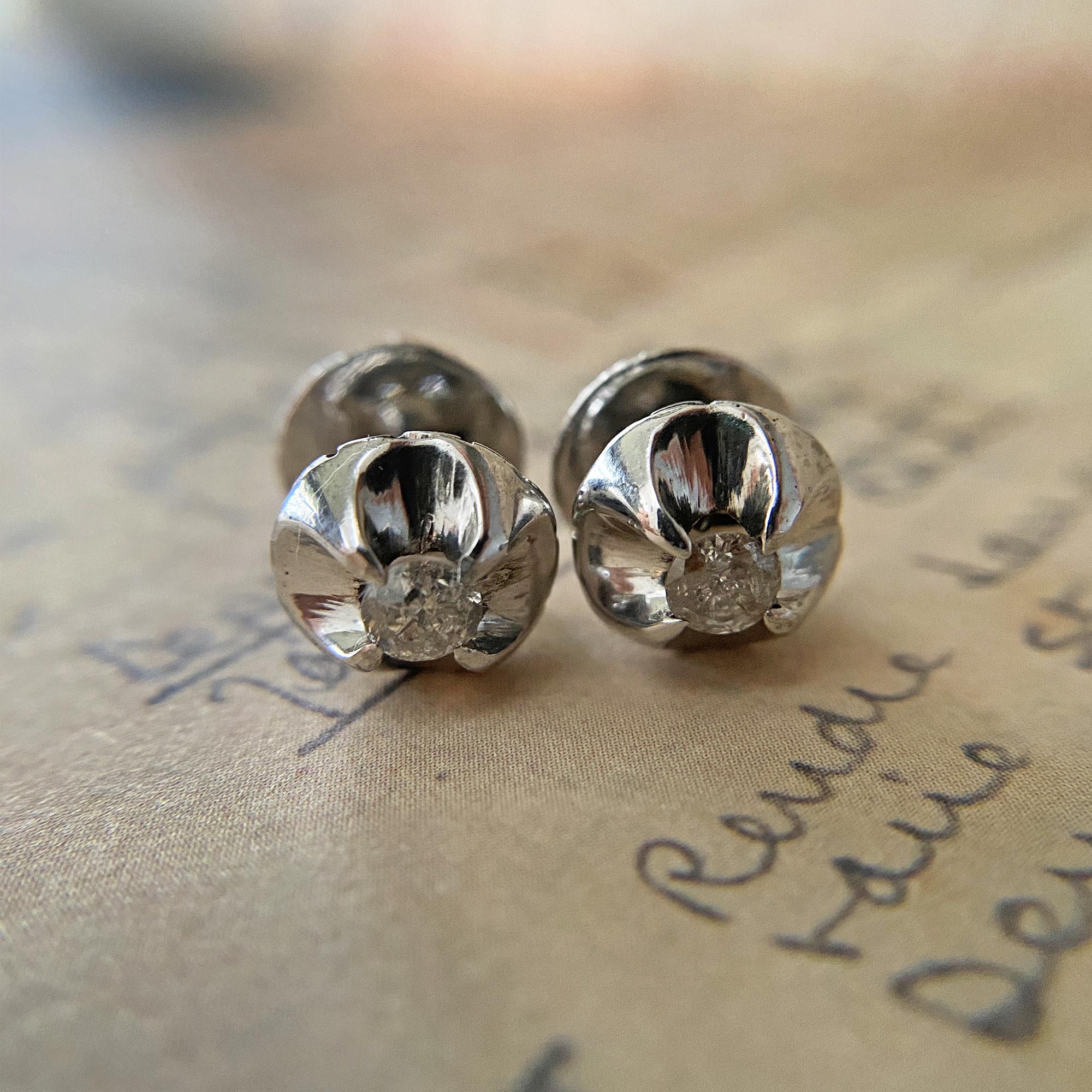 Antique 10K White Gold Diamond Stud Earrings in Buttercup Setting