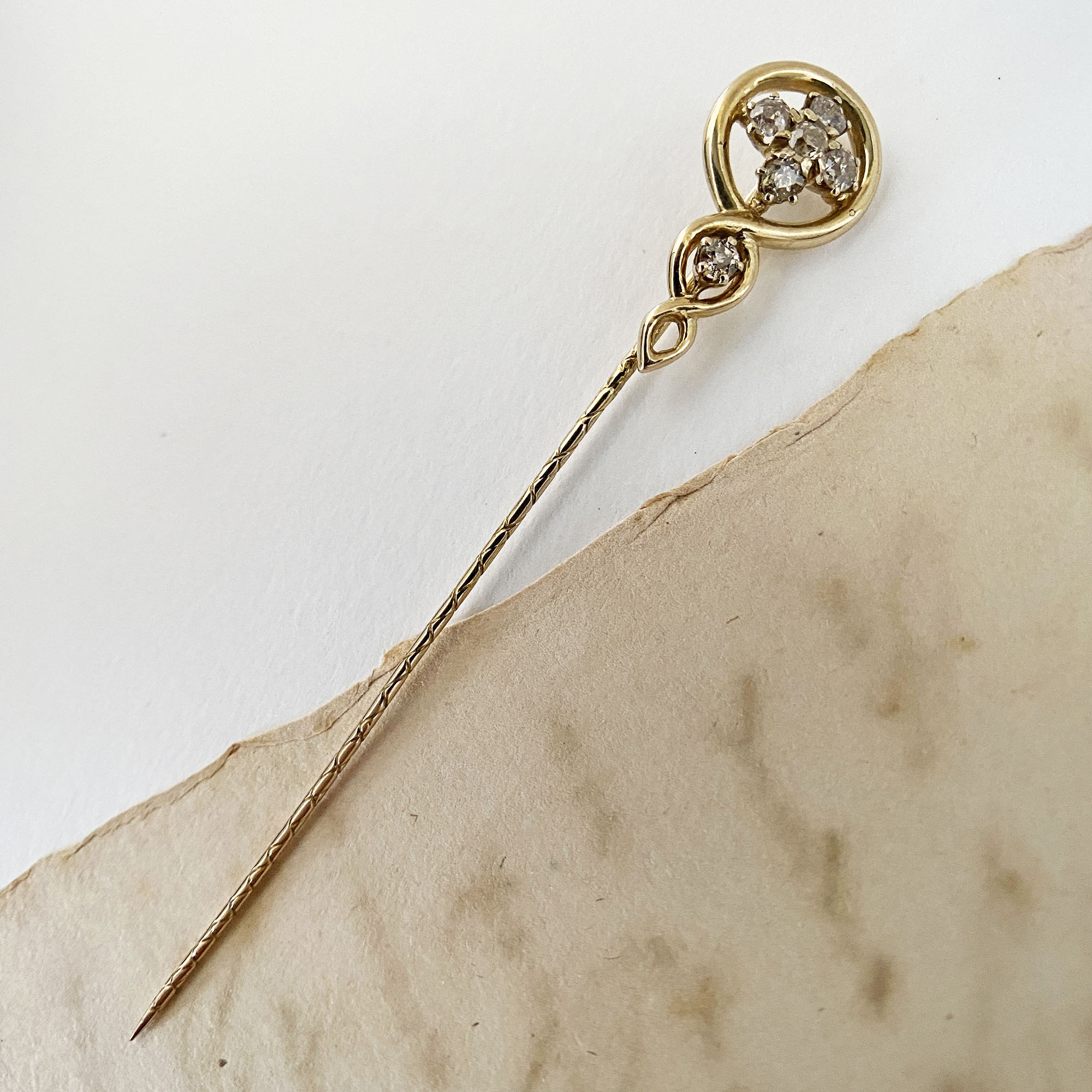 Antique 10K Gold Alfiler Pin or Brooch with Old Cut Diamonds