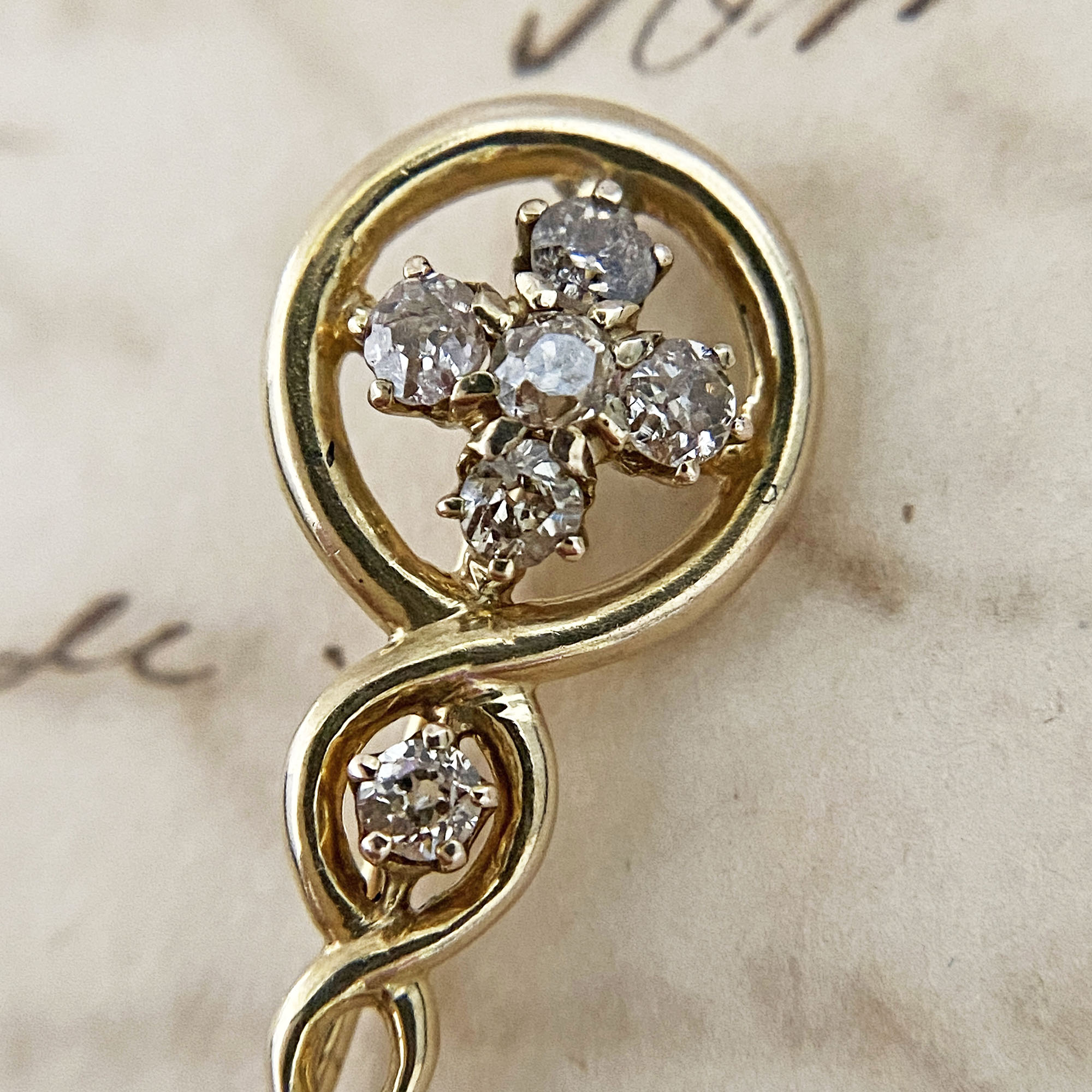 Antique 10K Gold Alfiler Pin or Brooch with Old Cut Diamonds