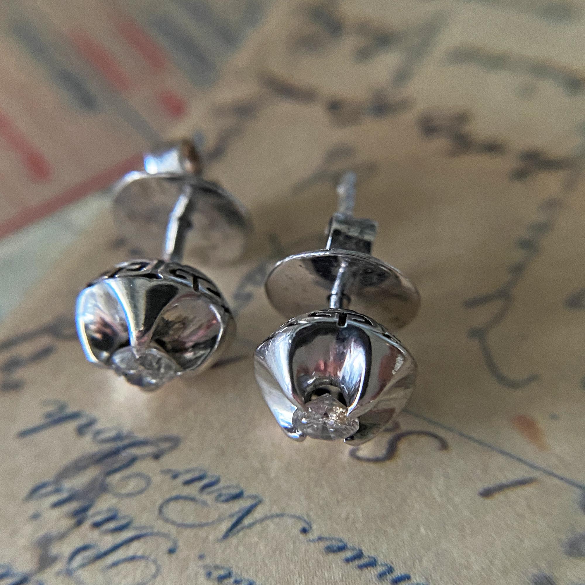 Antique 10K White Gold Diamond Stud Earrings in Buttercup Setting