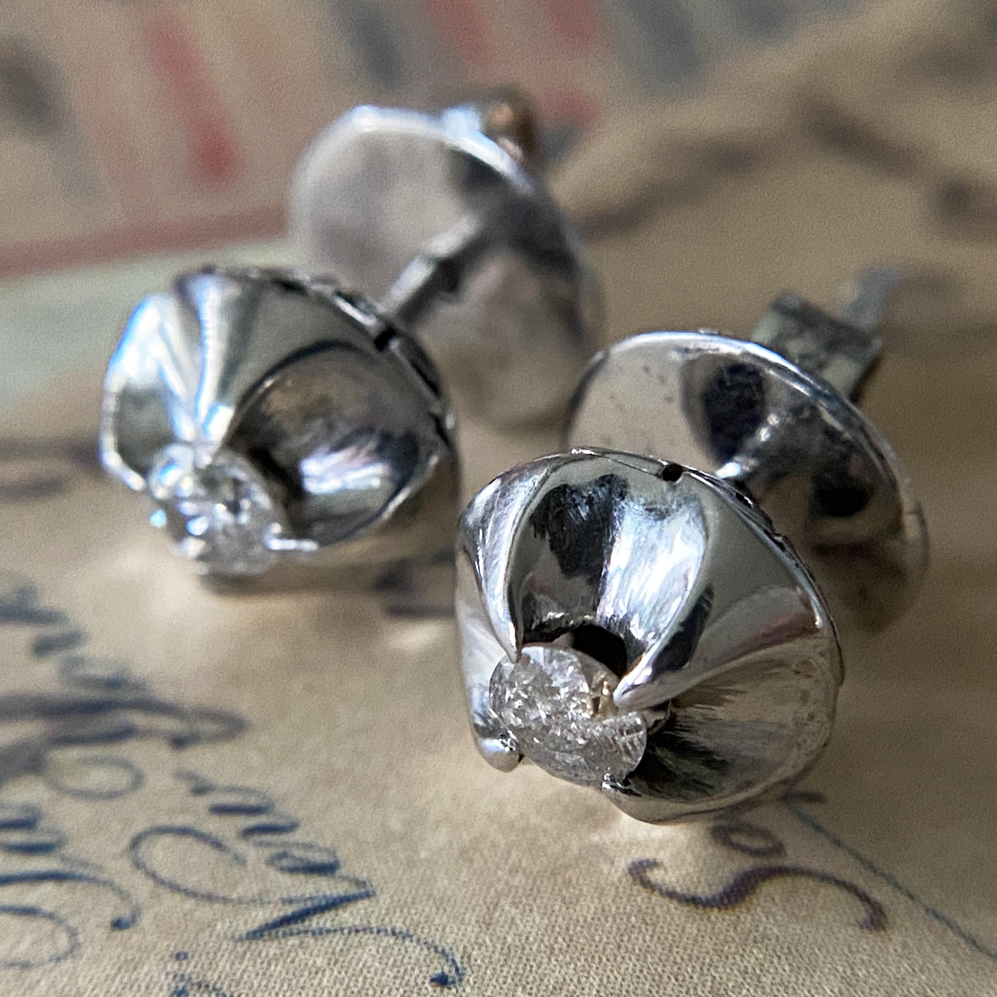 Antique 10K White Gold Diamond Stud Earrings in Buttercup Setting