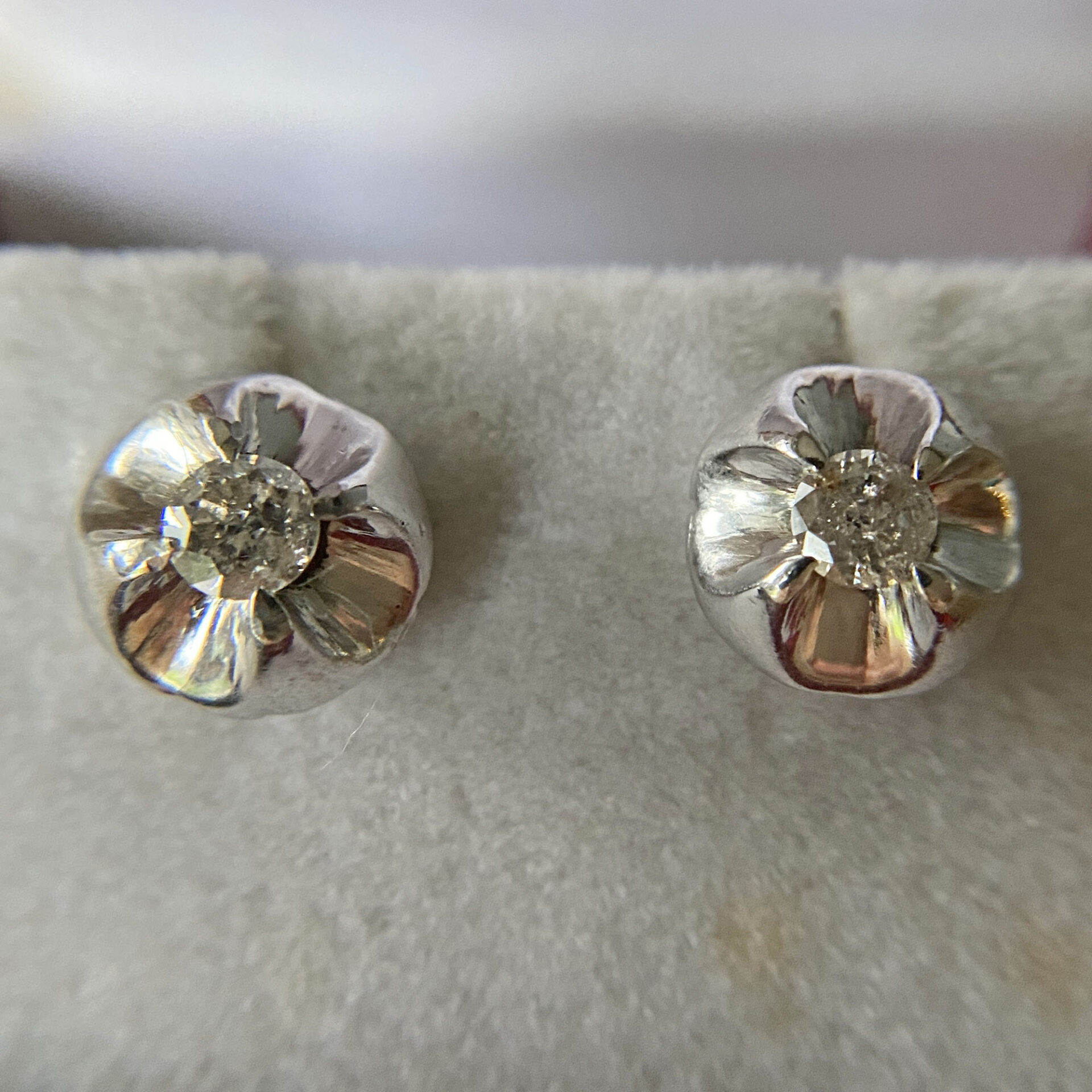 Antique 10K White Gold Diamond Stud Earrings in Buttercup Setting