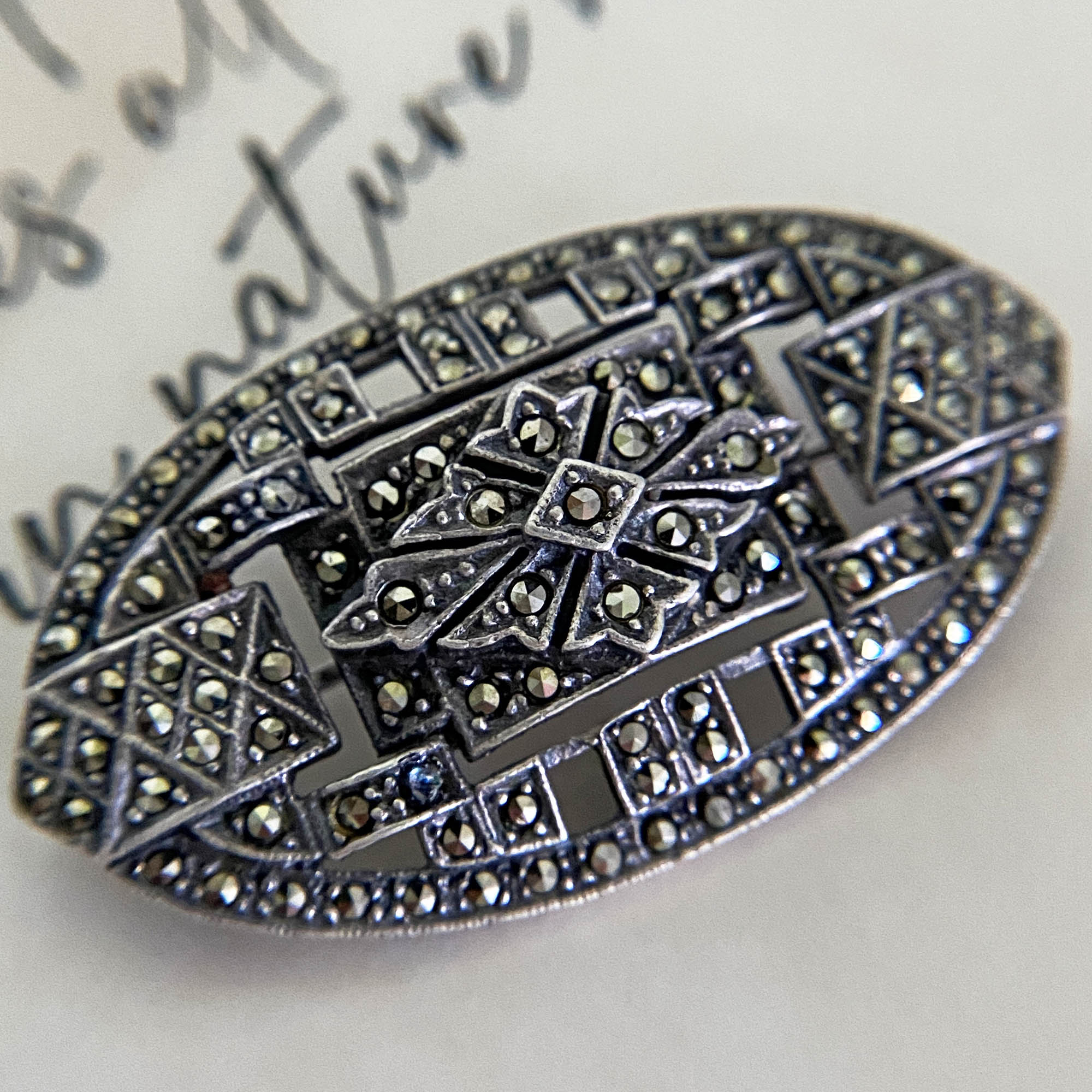 Vintage Sterling Silver Oval Marcasite Brooch