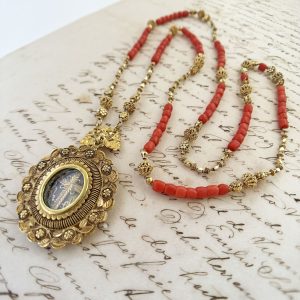 Antique 12K Gold Tamburin Necklace with Coral Beads from the Philippines