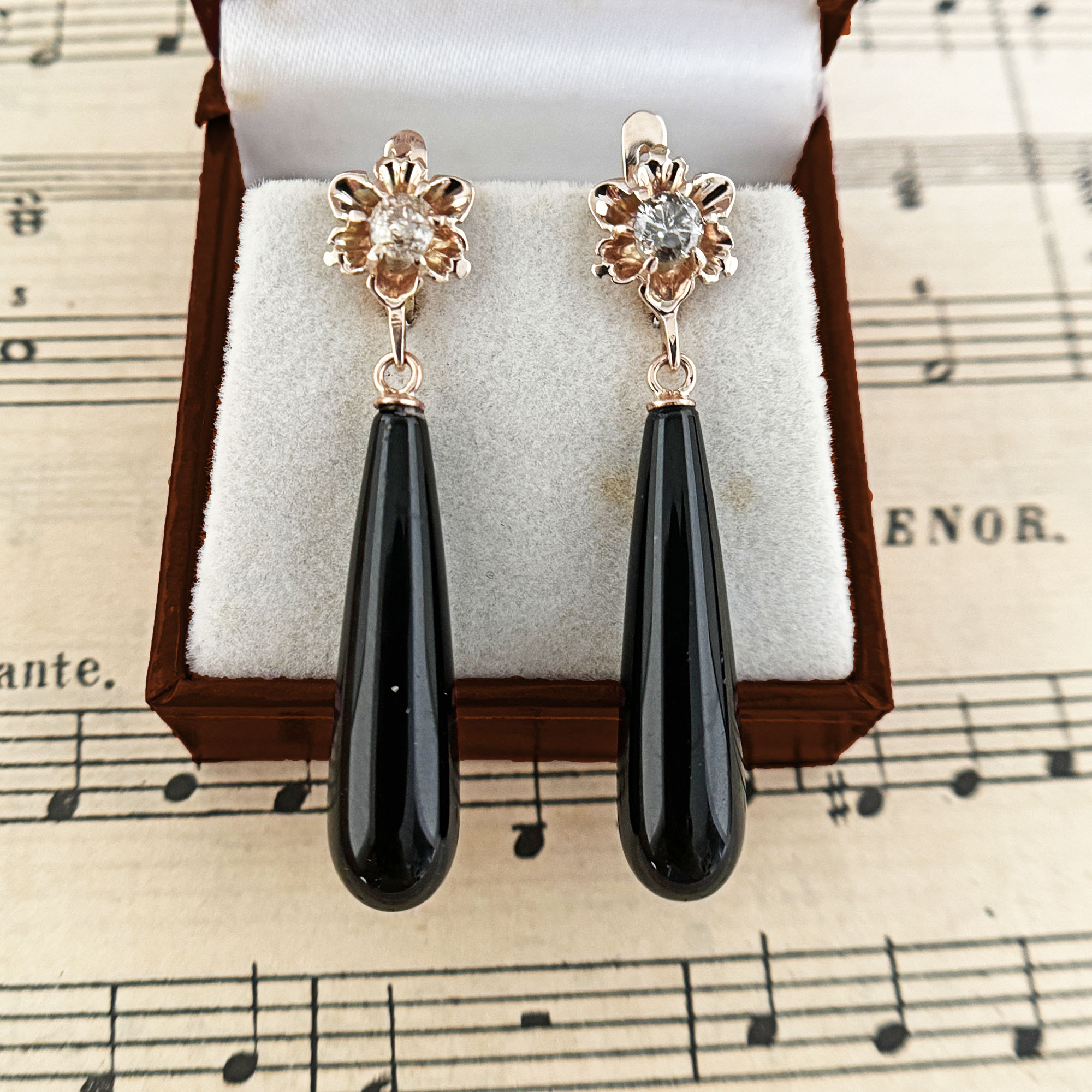 Antique 10K Gold Floral Old Diamonds on New Black Agate or Onyx Drop Earrings