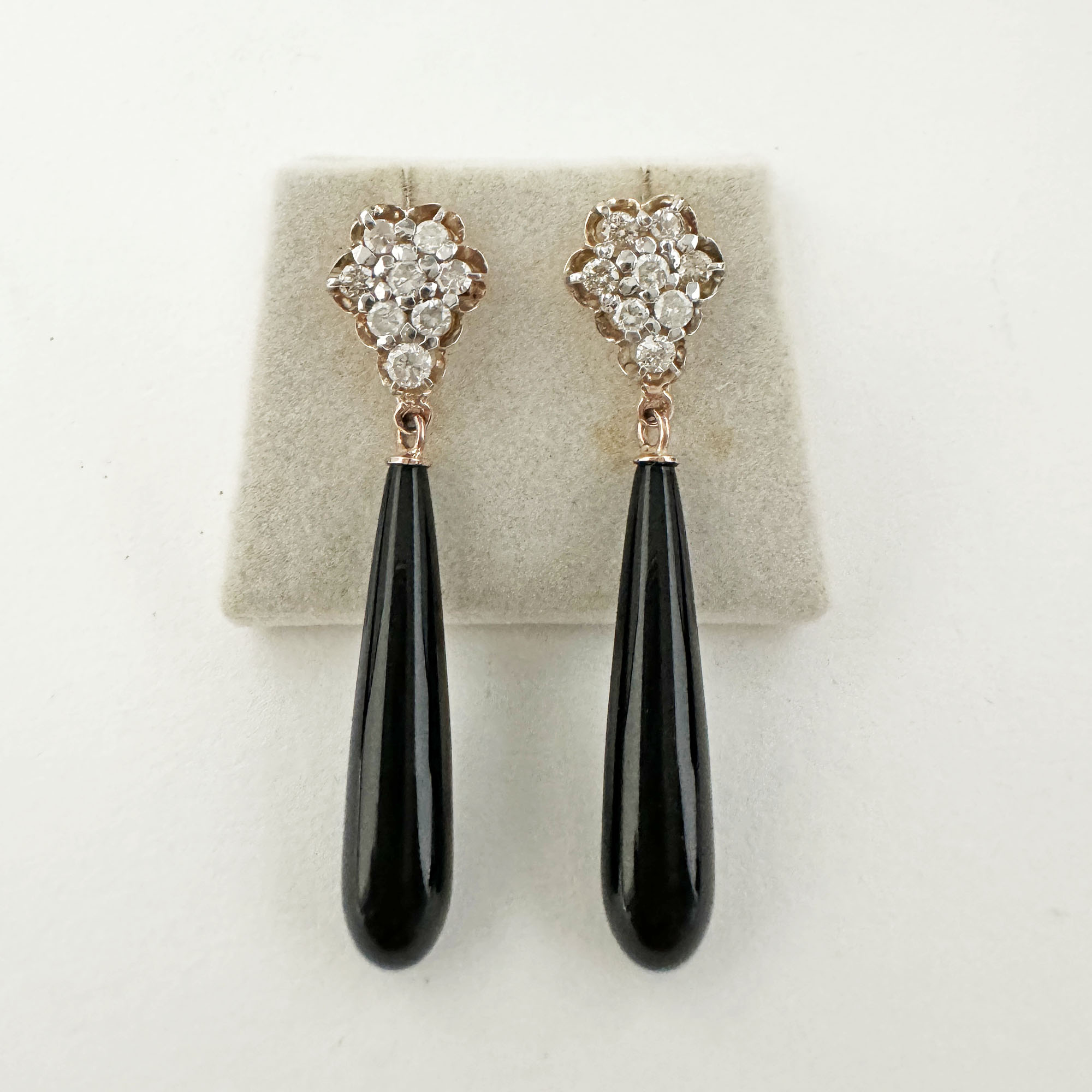 Antique 10K Rose Gold Diamonds on New Black Agate or Onyx Drop Earrings from the Philippines