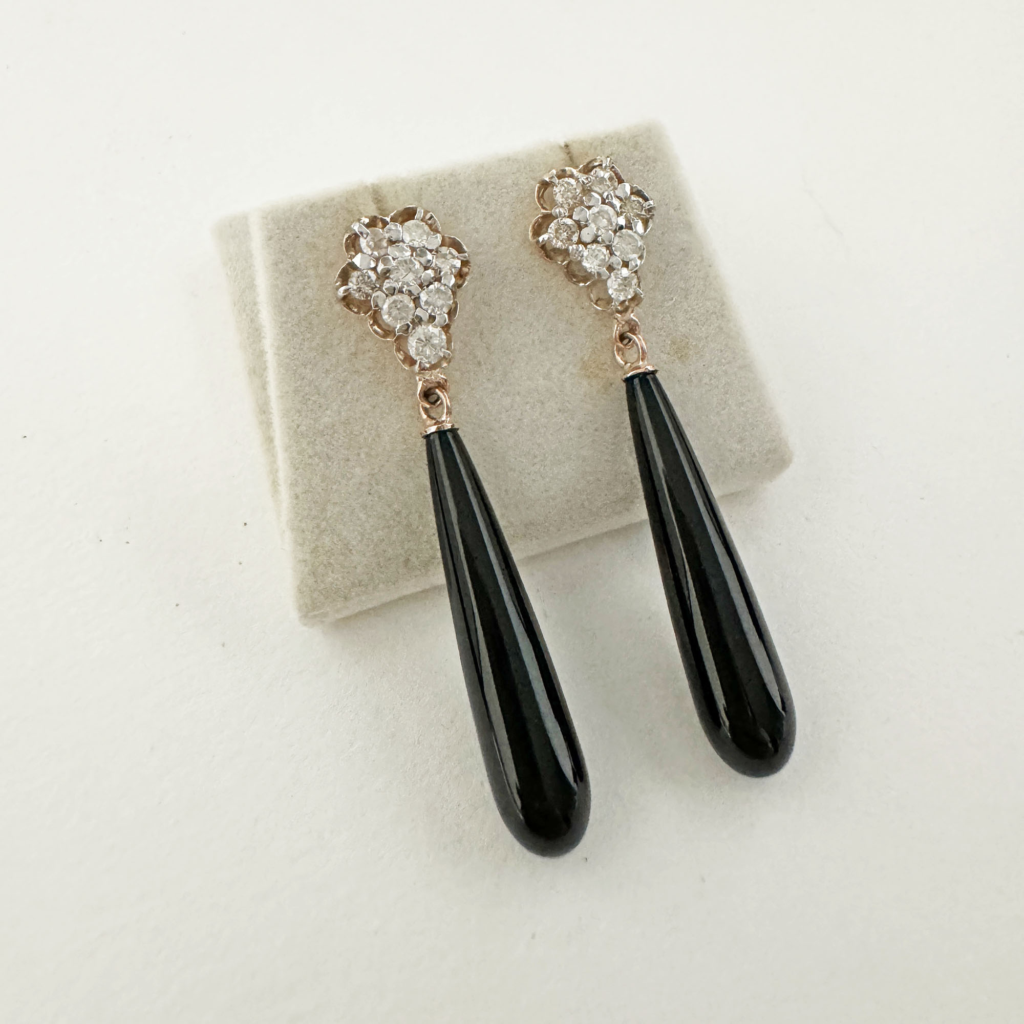 Antique 10K Rose Gold Diamonds on New Black Agate or Onyx Drop Earrings from the Philippines