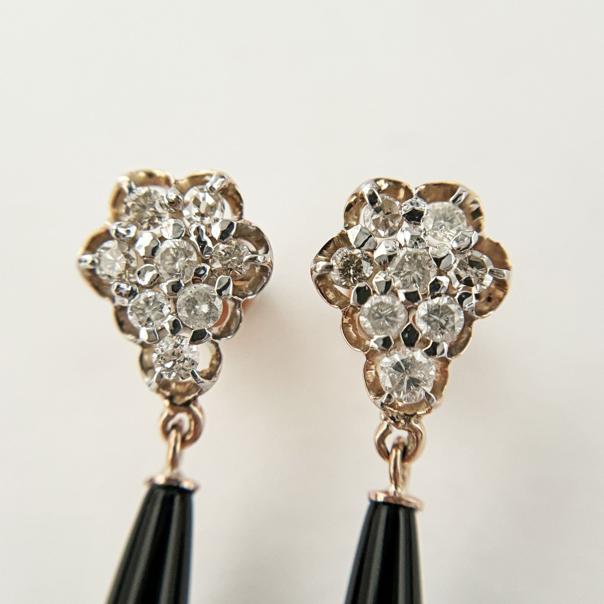 Antique 10K Rose Gold Diamonds on New Black Agate or Onyx Drop Earrings from the Philippines