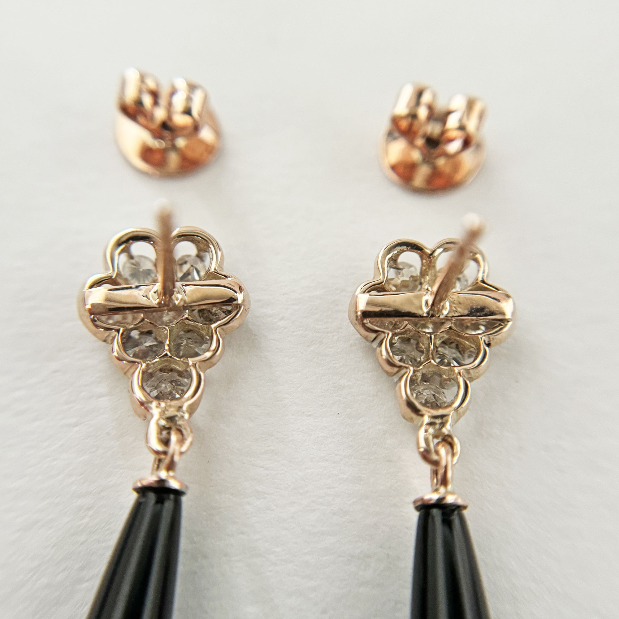 Antique 10K Rose Gold Diamonds on New Black Agate or Onyx Drop Earrings from the Philippines