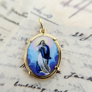 Vintage 14K Gold Mother Mary Esmalte Pendant