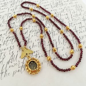 Antique 10K Gold Relicario with New Garnet Tamburin Necklace from the Philippines