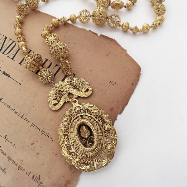 Big Antique Ornate Tamburin Silver Necklace  Dipped in Gold from the Philippines