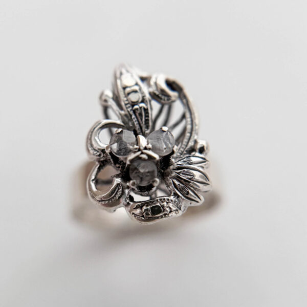 Antique Silver Art Nouveau Ring with White Sapphires (US Ring Size 6) from the Philippines