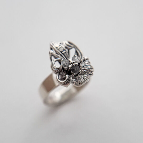 Antique Silver Art Nouveau Ring with White Sapphires (US Ring Size 6) from the Philippines