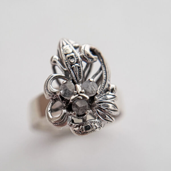 Antique Silver Art Nouveau Ring with White Sapphires (US Ring Size 6) from the Philippines