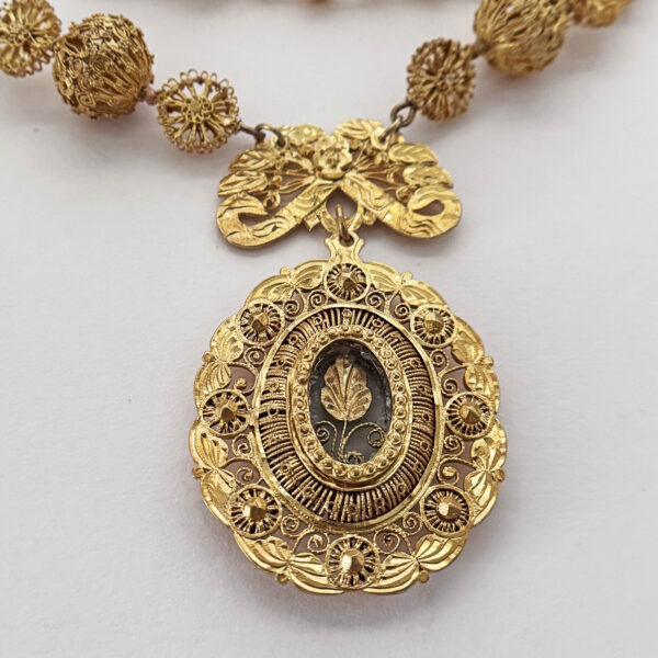 Big Antique Ornate Tamburin Silver Necklace  Dipped in Gold from the Philippines