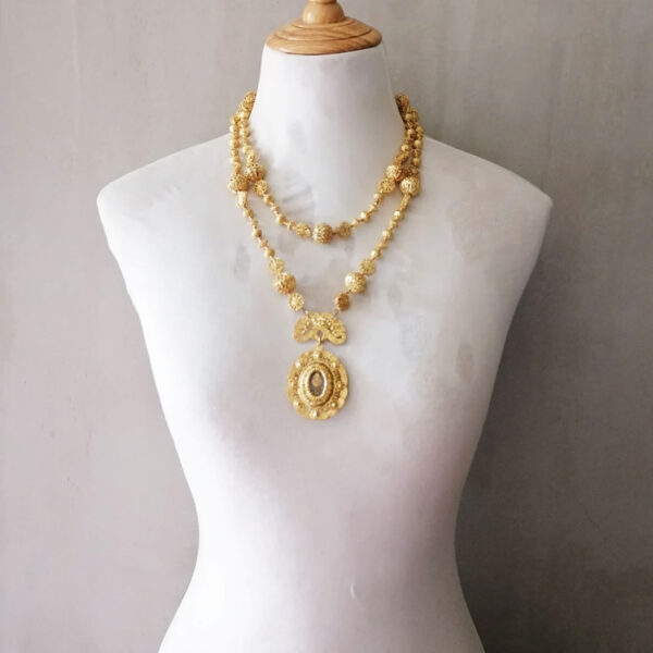 Big Antique Ornate Tamburin Silver Necklace  Dipped in Gold from the Philippines