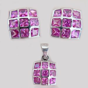 14K White Gold Ruby Square Earrings and Pendant Set