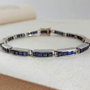14K White Gold Blue Sapphire Princess Cut Bracelet