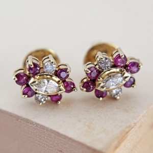Vintage 14K Gold Flower Marquise and Round Diamonds, Garnets and 2 Glass Earrings