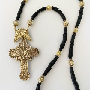 Big Antique 14K Gold Cross with Silver Back,18K Gold Tamburin Beads and Vintage Black Glass Beads