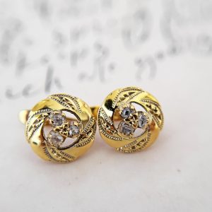 Small Vintage 8K Gold Round Earrings with Rough Cut Diamonds and Glass from the Philippines
