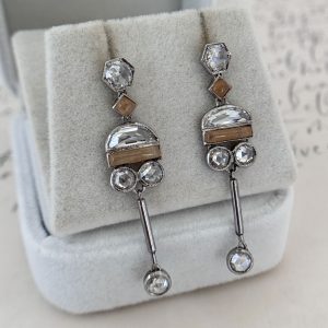 Vintage 18K White Gold Art Deco Diamond Dangle Earrings with Jasper