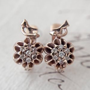 Antique 10K Rose Gold Flower Earrings with Single Cut Diamonds from the Philippines