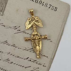 Antique 10K Gold Folk Style Crucifix on Silver Mariposa with 14K Gold Bale Pendant from the Philippines
