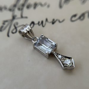 Small 14K White Gold New Blue Topaz Pendant with Antique Old Cut Diamonds