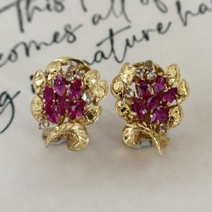 Vintage 8K Gold Earrings with Dark Pink Tourmaline and Clear Topaz from the Philippines