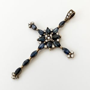 Vintage 12K Rose Gold Big Blue Sapphire Cross Pendant with Small Diamonds