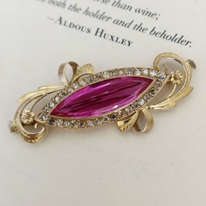 Vintage 10K Gold Retro Pink Lab Grown Ruby Brooch with Old Diamonds